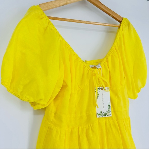 Chelsea & Violet Buttercup Yellow Linen Blend Tiered Puff Sleeve Mini Dress M - Picture 4 of 6